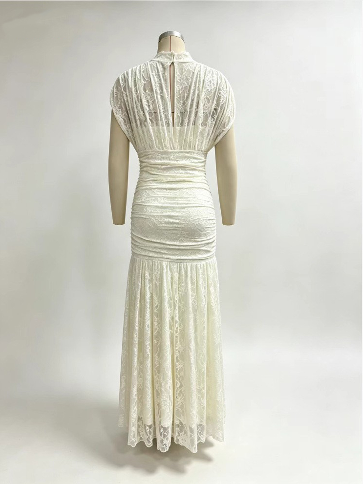 TWOTWINSTYLE Stand Collar Lace High Waist Pleated Elegant Dress