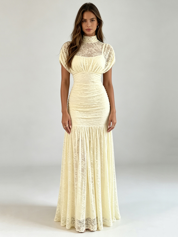 TWOTWINSTYLE Stand Collar Lace High Waist Pleated Elegant Dress