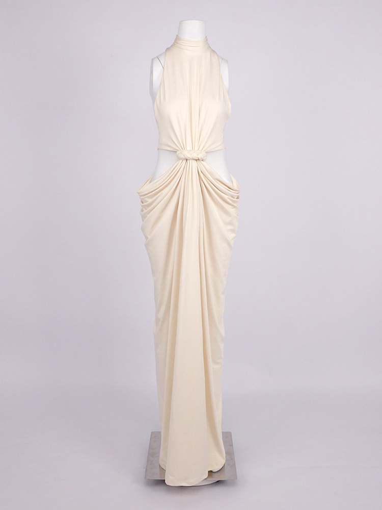 TWOTWINSTYLE Stand Collar Waist Cutout Patchwork Knot Minimalist Dress