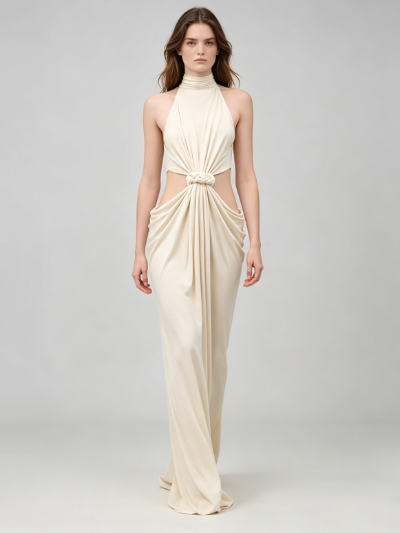 TWOTWINSTYLE Stand Collar Waist Cutout Patchwork Knot Minimalist Dress