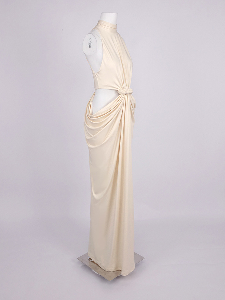 TWOTWINSTYLE Stand Collar Waist Cutout Patchwork Knot Minimalist Dress