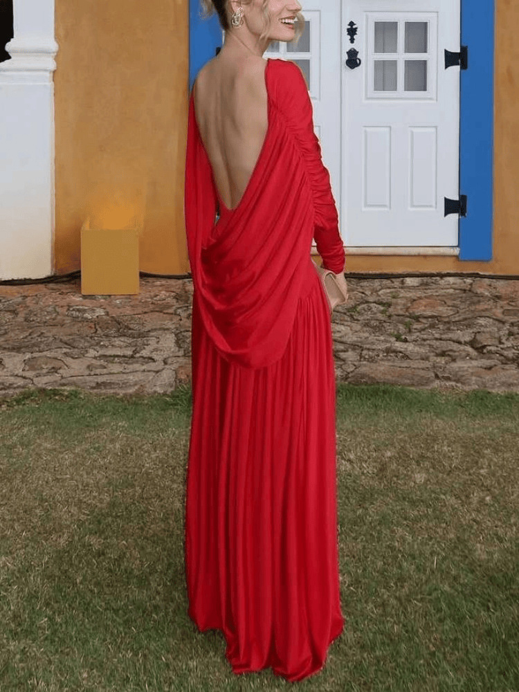 TWOTWINSTYLE Backless Round Neck Pleated Chic Dress