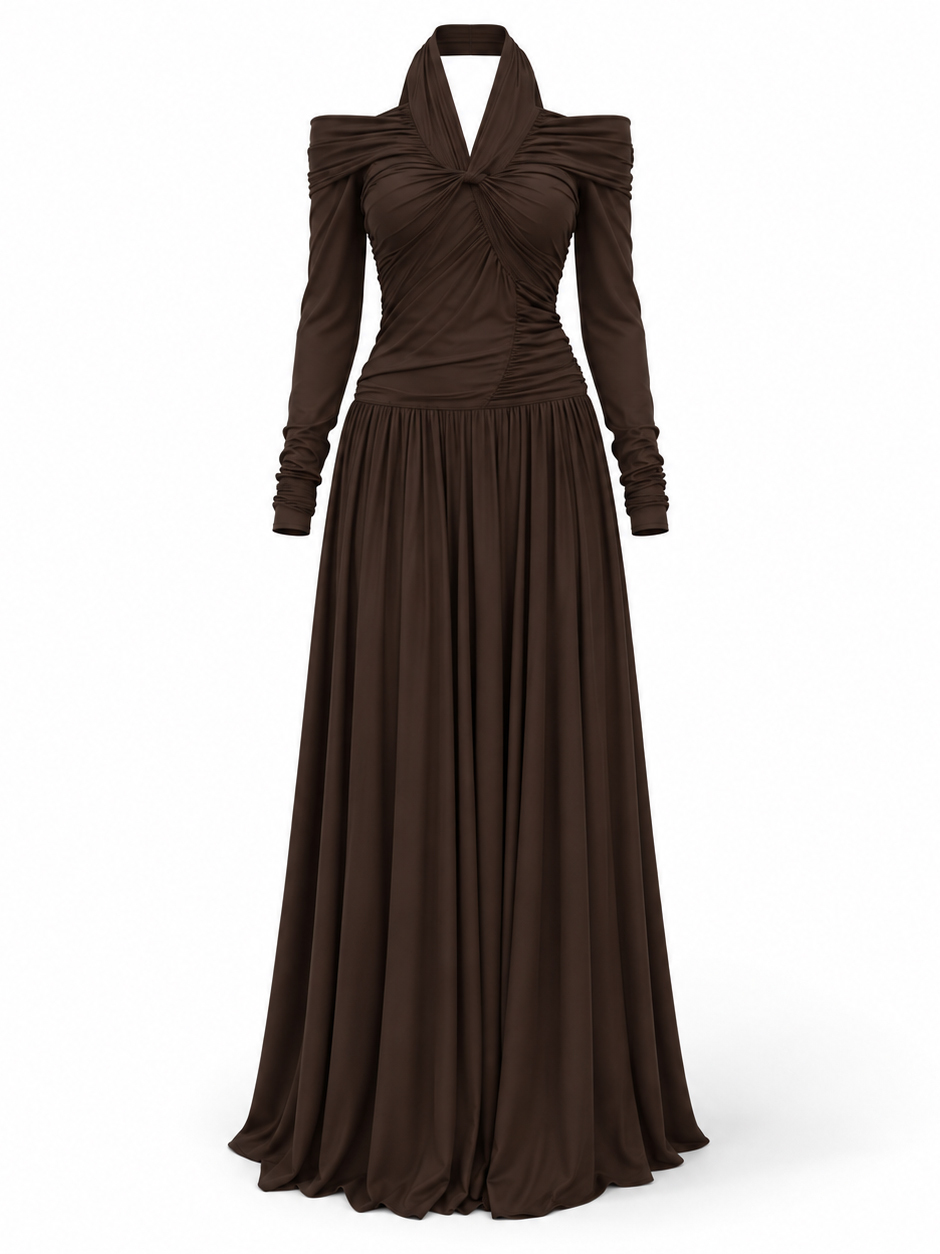 TWOTWINSTYLE Halter Off Shoulder Long Sleeve Twisted Front Maxi Dress