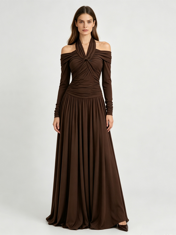 TWOTWINSTYLE Halter Off Shoulder Long Sleeve Twisted Front Maxi Dress