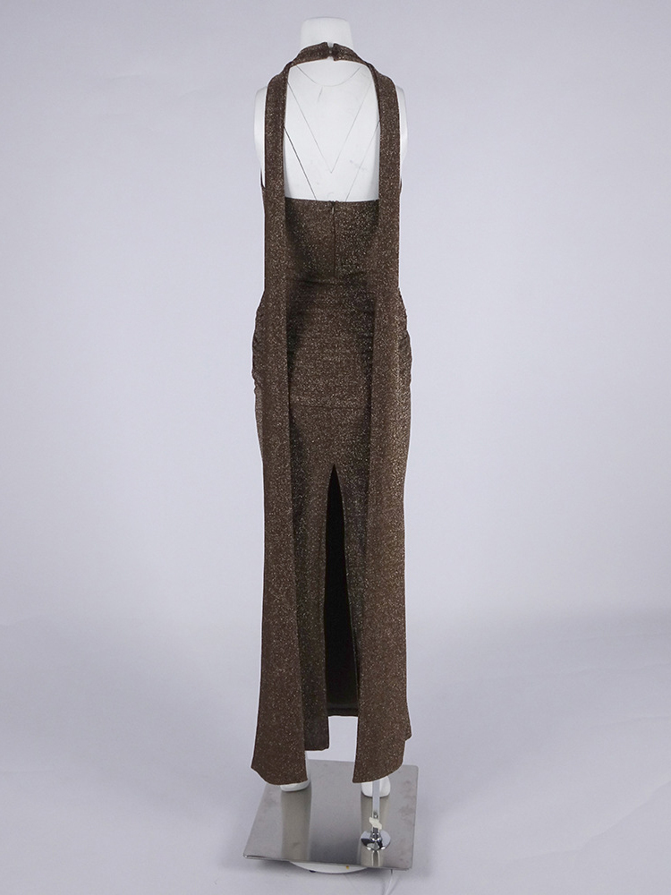 TWOTWINSTYLE Patchwork Sequins Knot Pleated Split Vintage Dress