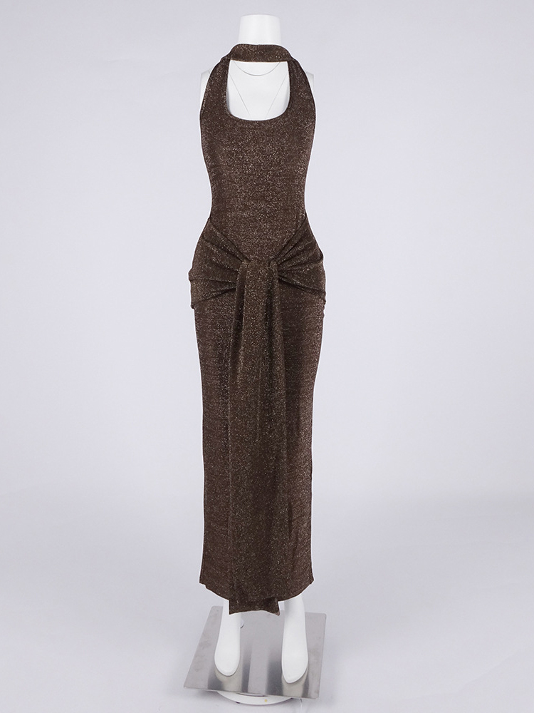 TWOTWINSTYLE Patchwork Sequins Knot Pleated Split Vintage Dress