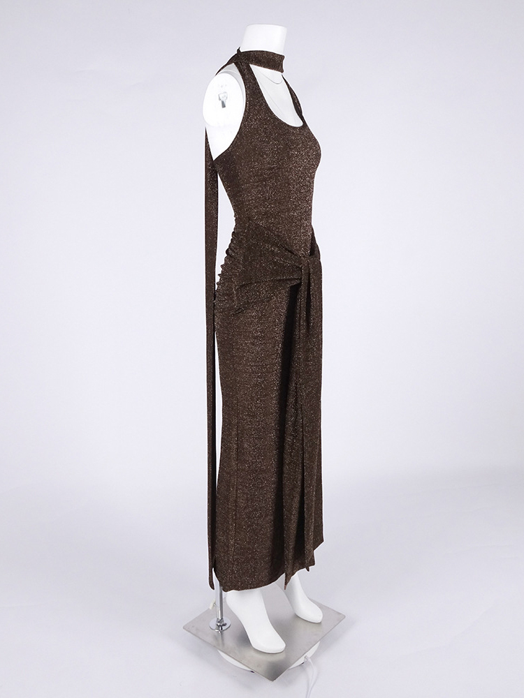 TWOTWINSTYLE Patchwork Sequins Knot Pleated Split Vintage Dress