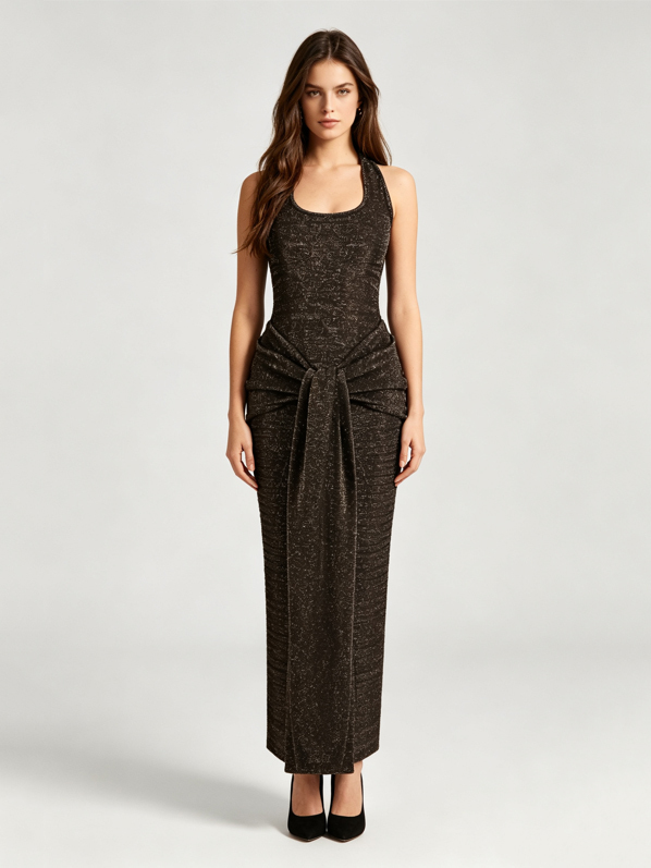 TWOTWINSTYLE Patchwork Sequins Knot Pleated Split Vintage Dress