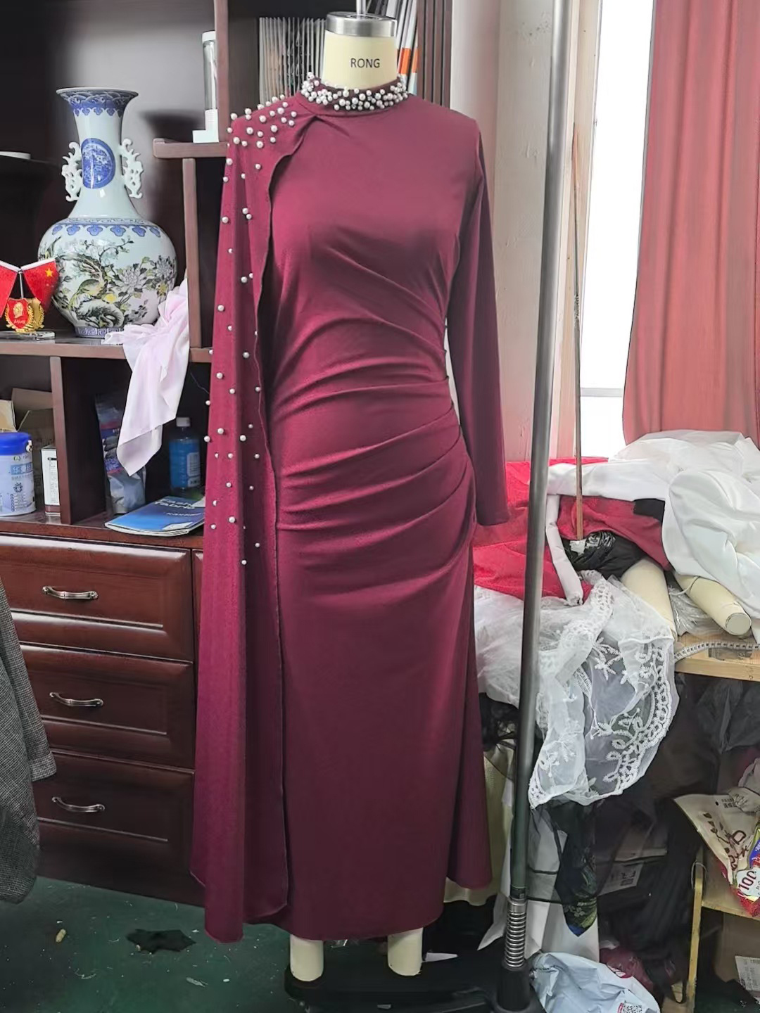 TWOTWINSTYLE Spliced Diamond Long Sleeve Ruched Chic Dress