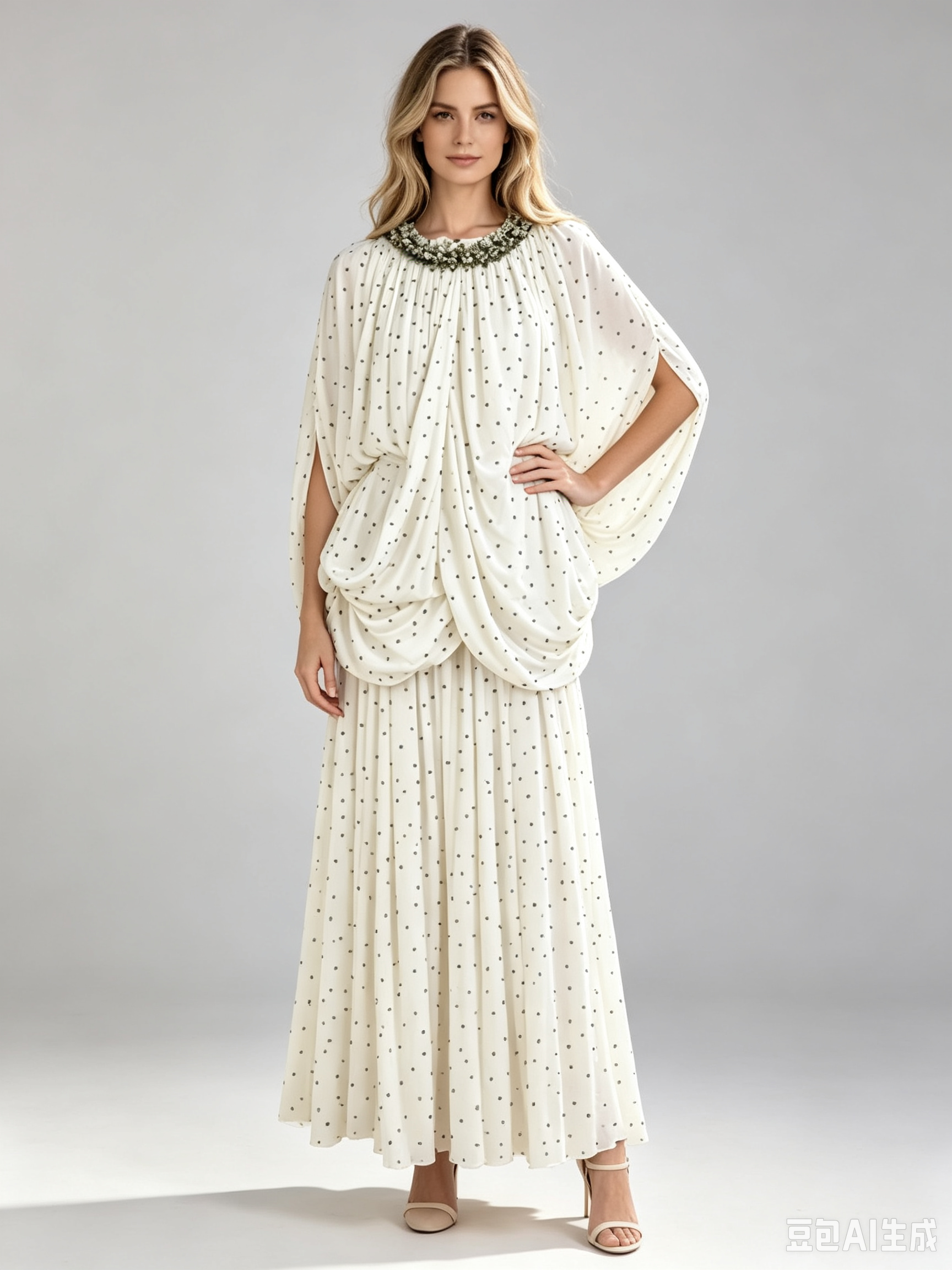 TWOTWINSTYLE Spliced Pearl Wave Point Pleated Design Dress
