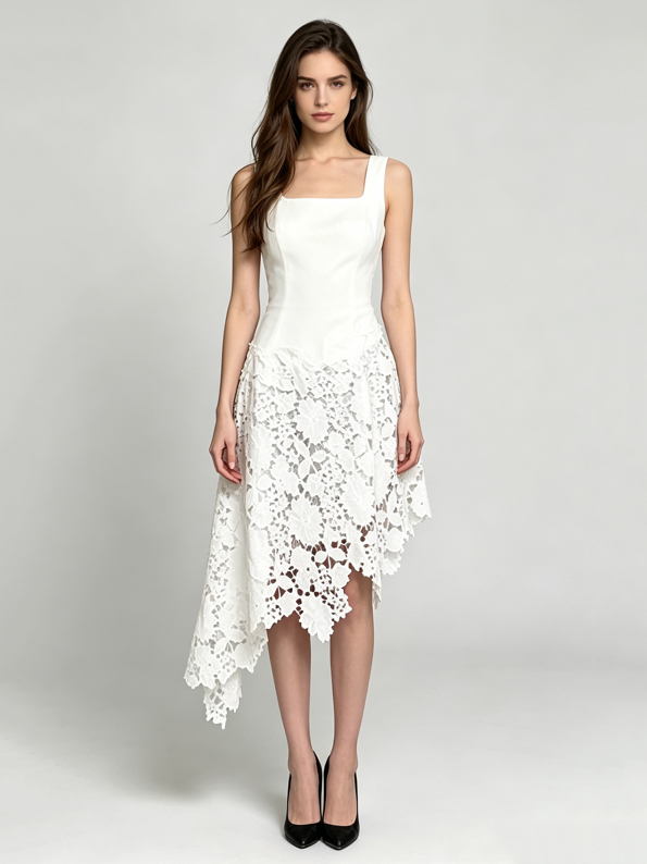 TWOTWINSTYLE Square Neckline Asymmetrical Hem Spliced Lace Design Dress
