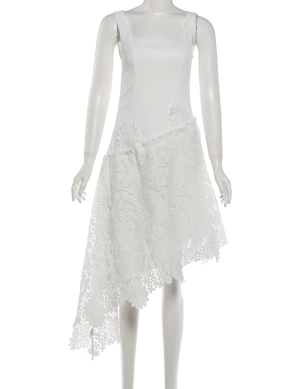 TWOTWINSTYLE Square Neckline Asymmetrical Hem Spliced Lace Design Dress