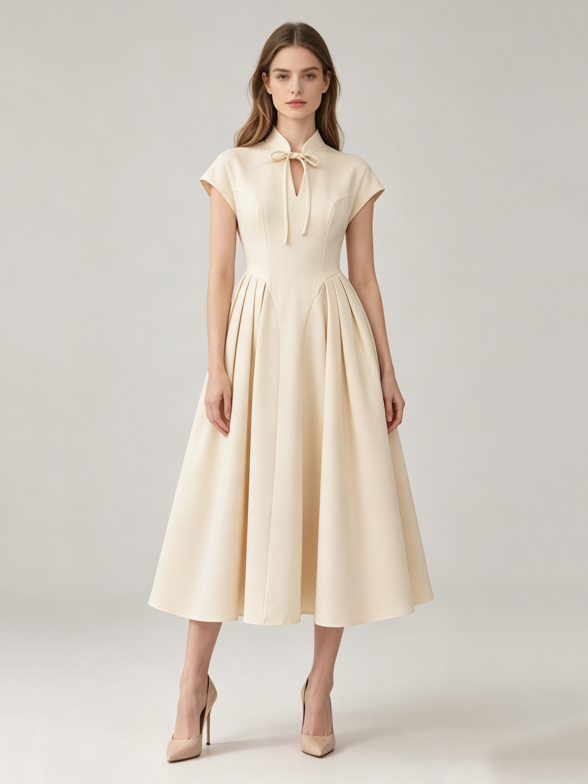 TWOTWINSTYLE Stand Collar Short Sleeve Tunic Pleated Elegant A-Line Dress