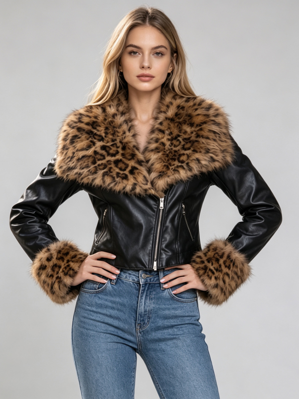 TWOTWINSTYLE Leopard Fur Collar Spliced Pu Leather Design Jacket