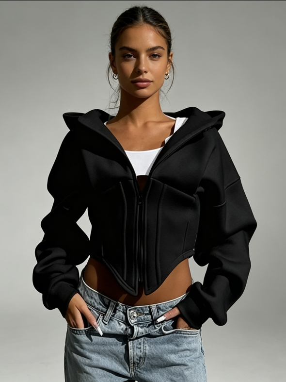 TWOTWINSTYLE Long Sleeve Hood Tunic Spliced Zipper Design Jacket