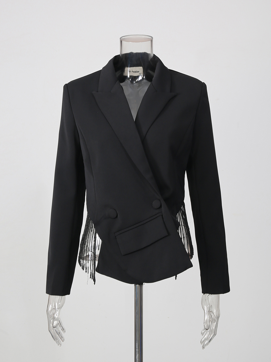 TWOTWINSTYLE Solid Lapel Patchwork Tassel Pocket Temperament Jacket