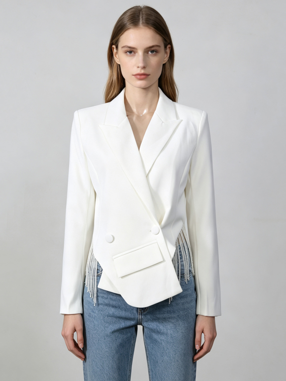 TWOTWINSTYLE Solid Lapel Patchwork Tassel Pocket Temperament Jacket