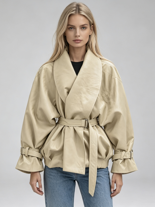 TWOTWINSTYLE Solid Lapel Tunic Long Sleeve Casual Coat