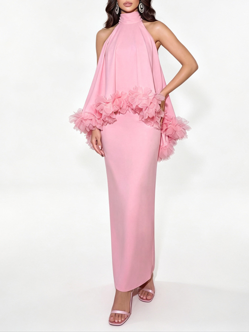 TWOTWINSTYLE Solid Stand Collar Spliced Ruffles Sophisticated Dress
