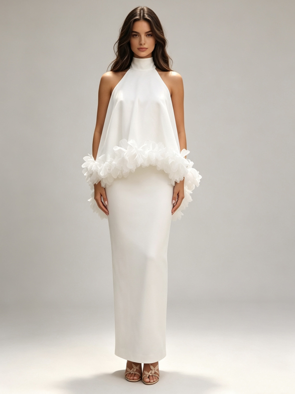 TWOTWINSTYLE Solid Stand Collar Spliced Ruffles Sophisticated Dress