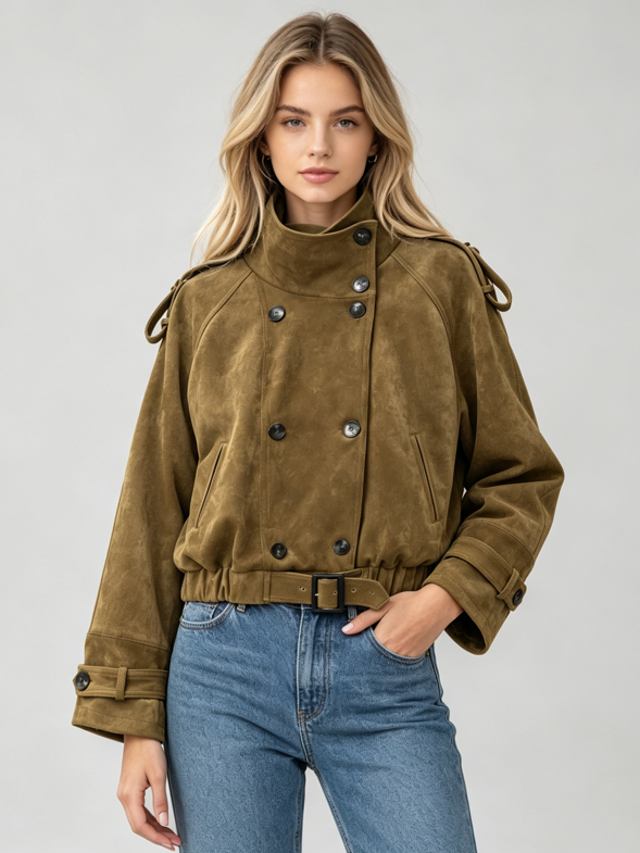 TWOTWINSTYLE Stand Collar Patchwork Double Breasted Vintage Jacket