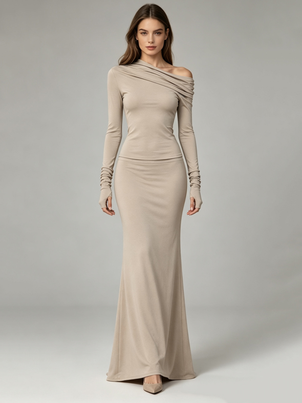 TWOTWINSTYLE Off One Shoulder Long Sleeve High Waist Skirt Design Dress
