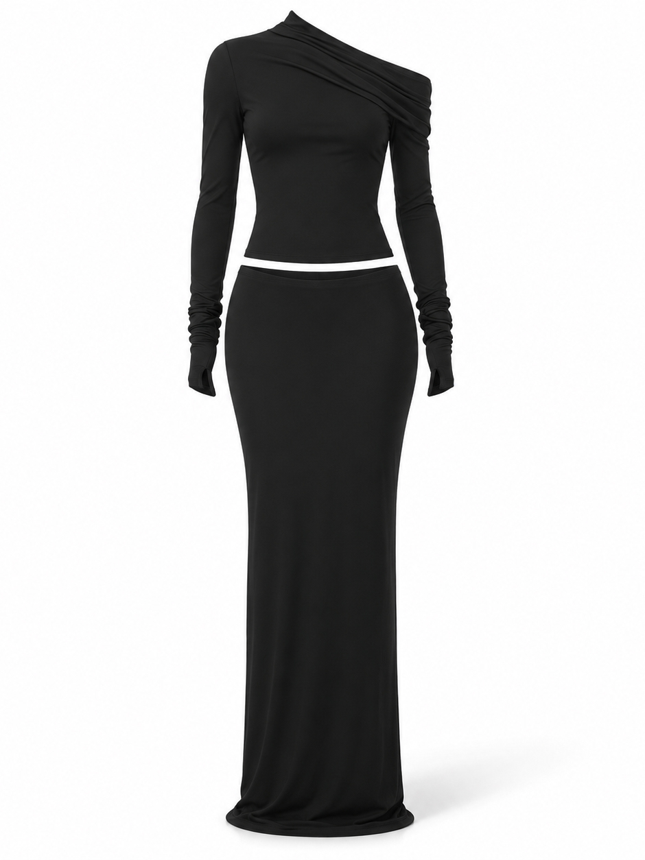 TWOTWINSTYLE Off One Shoulder Long Sleeve High Waist Skirt Design Dress