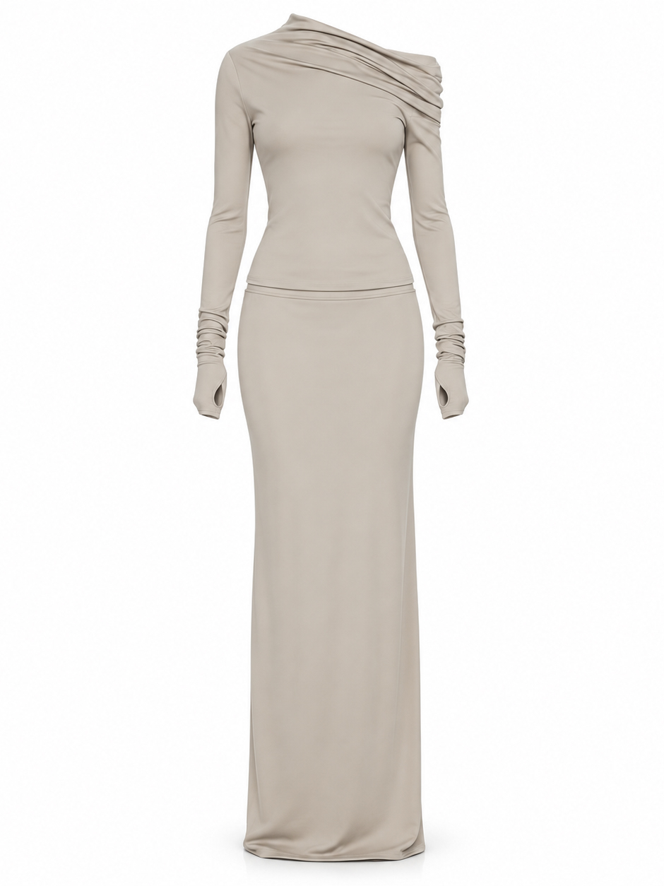 TWOTWINSTYLE Off One Shoulder Long Sleeve High Waist Skirt Design Dress