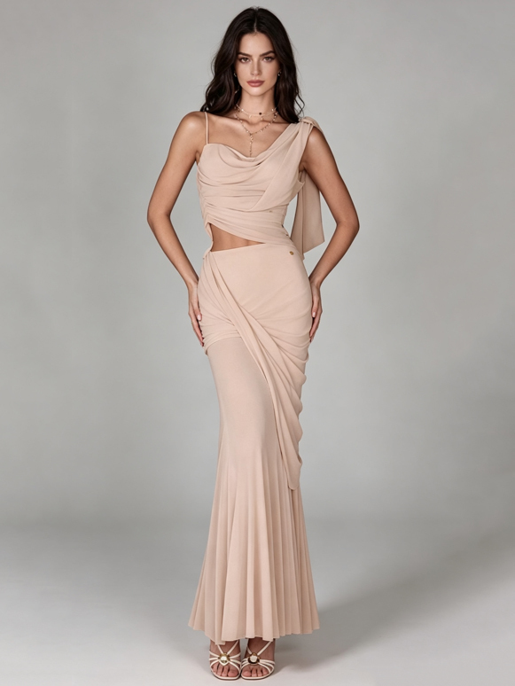 TWOTWINSTYLE Off Shoulder Bare Midriff Pleated Spliced Flower Elegant Dress
