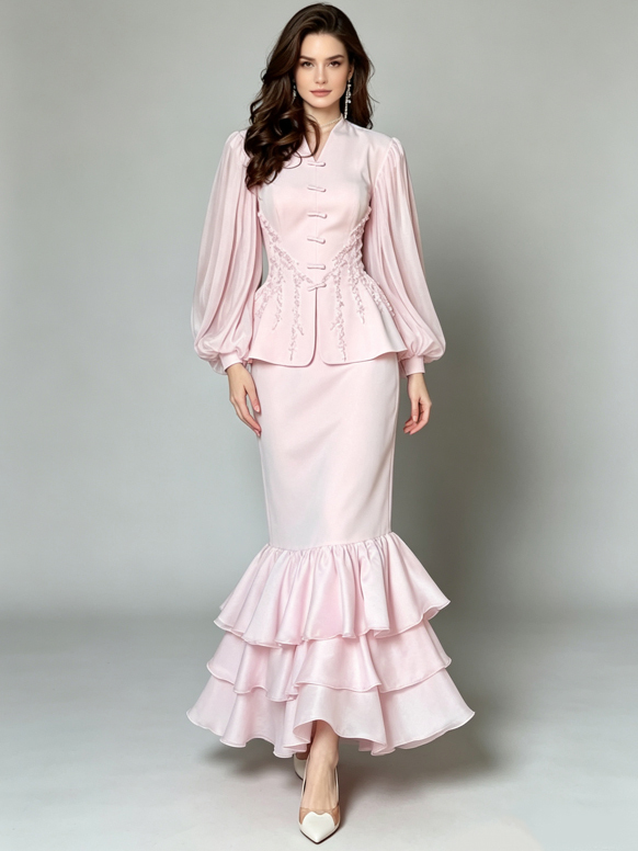 TWOTWINSTYLE Puff Sleeve Tunic Spliced Diamond Ruffles Mermaid Skirt Elegant Set