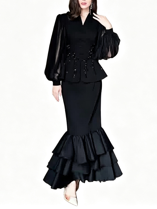 TWOTWINSTYLE Puff Sleeve Tunic Spliced Diamond Ruffles Mermaid Skirt Elegant Set