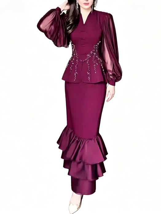 TWOTWINSTYLE Puff Sleeve Tunic Spliced Diamond Ruffles Mermaid Skirt Elegant Set
