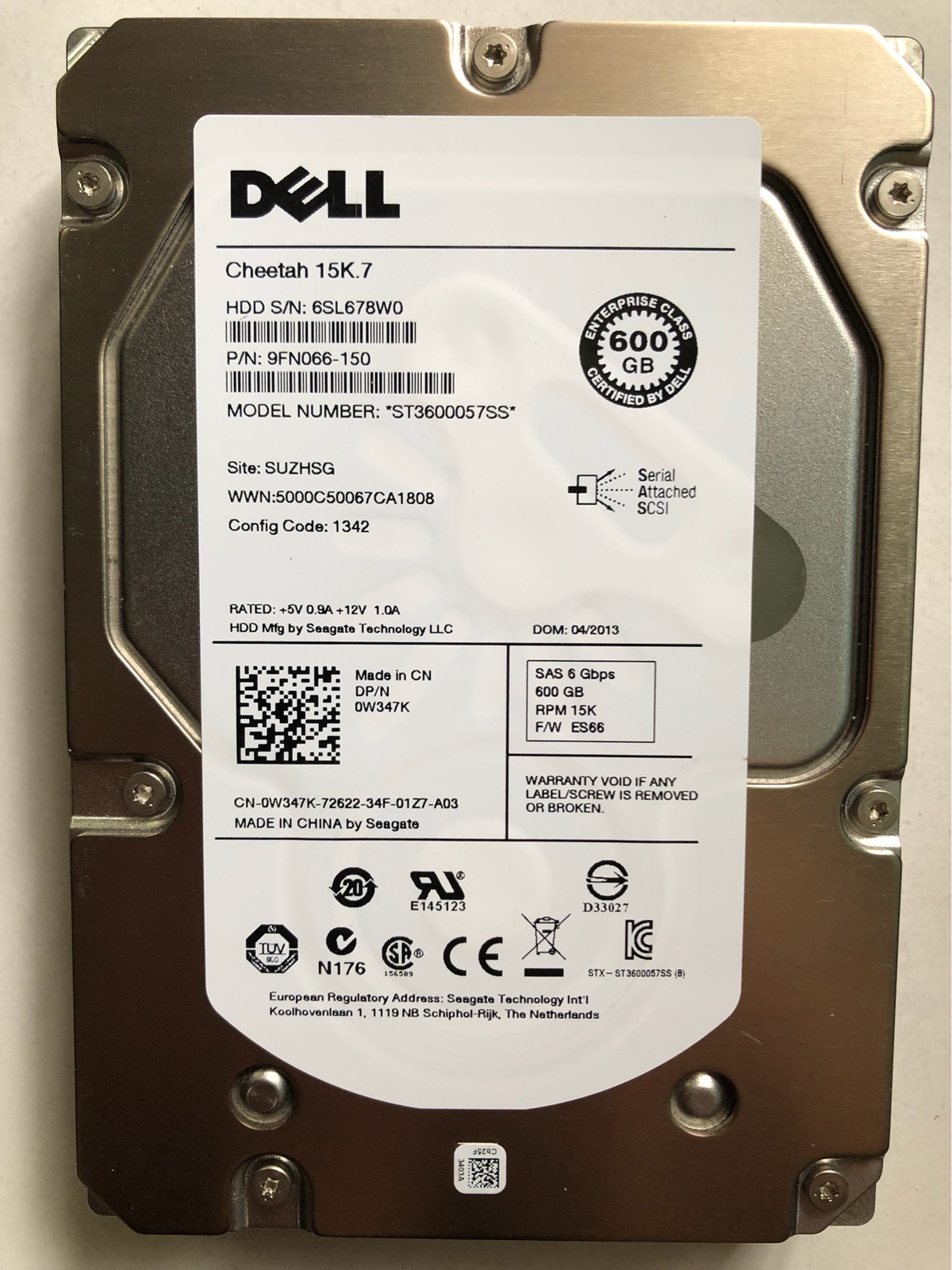 Disque Dur Dell SAS 6 Go 15K Rpm 3,5 Pouces - Référence 0W347K / ST3600057SS, Avec Plateau