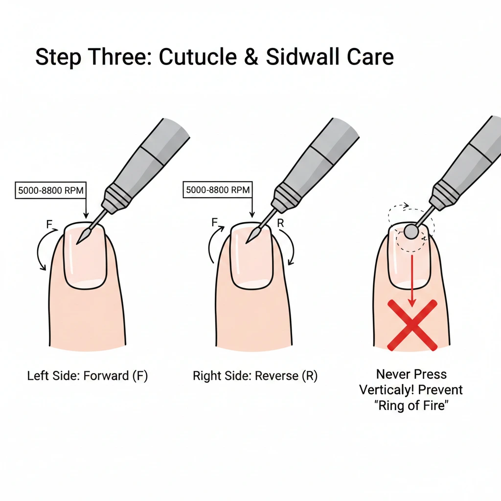 Step 3: Cuticle and Sidewall Care with e-file. Use F/R direction at 5000-8800 RPM and avoid vertical pressure.