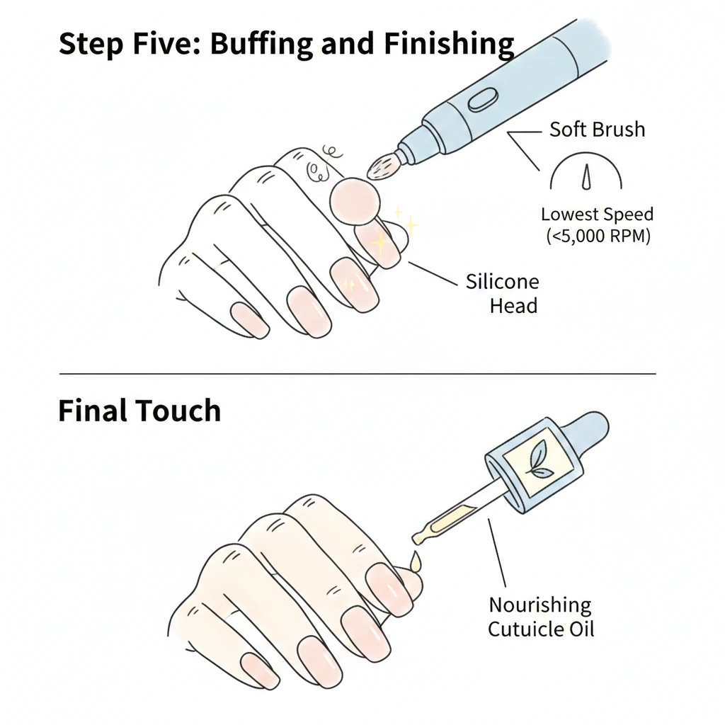 Step 5: Buffing and Finishing with a soft brush at low speed, then applying nourishing cuticle oil as the final touch.