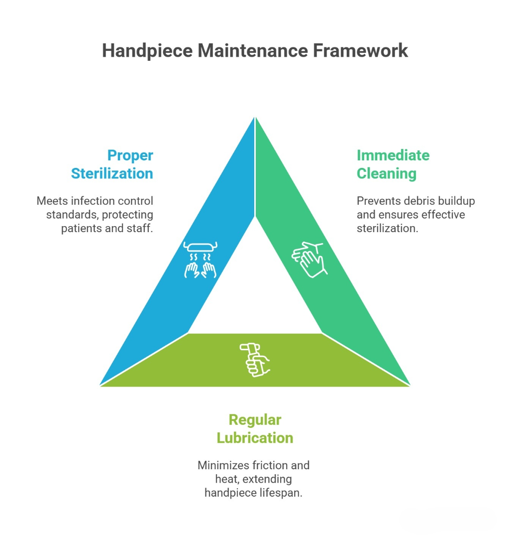 Infographic-of-Handpiece-Maintenance-Framework-pillars: Sterilization, Cleaning, and Lubrication.