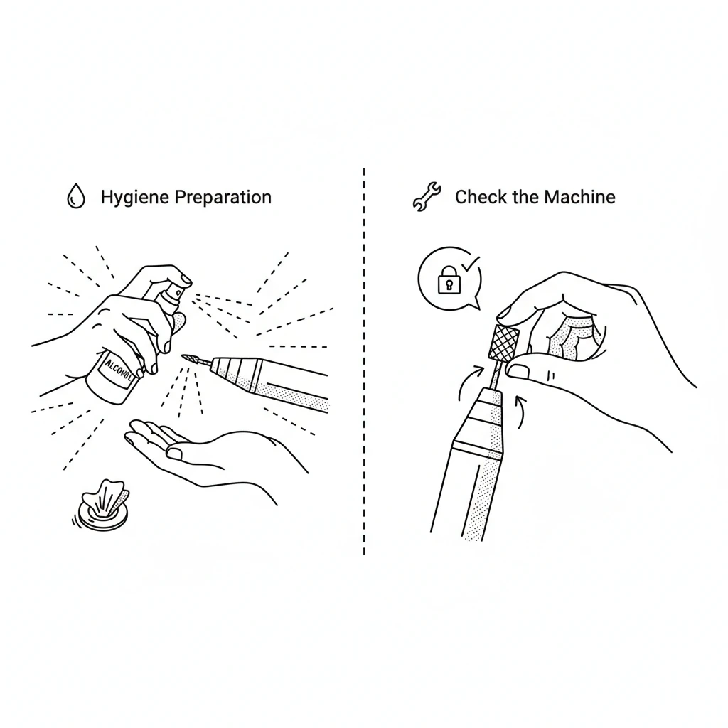 Nail drill guide: Hygiene Preparation with spray and Check the Machine lock mechanism.