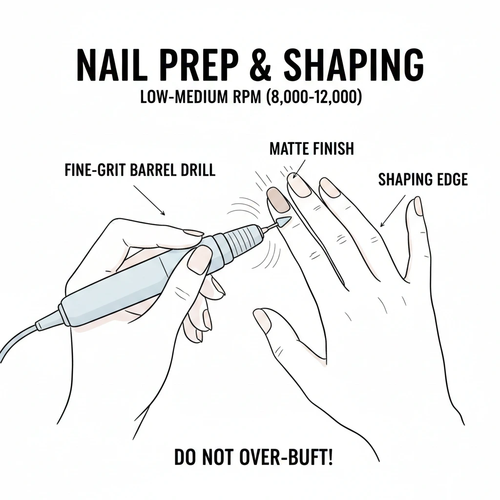 Nail Prep and Shaping with e-file: fine-grit barrel drill at 8k-12k RPM to create a matte finish. Avoid over-buffing.