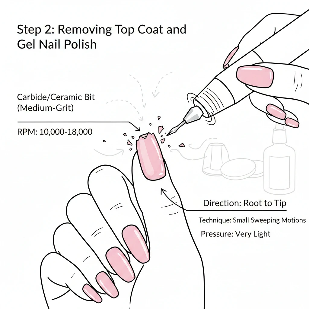 Step 2: Removing gel polish with a nail drill using a medium-grit bit, light pressure, and root-to-tip motion.