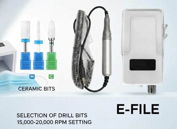 Selection of ceramic nail drill bits and e-file settings for safe gel polish removal.
