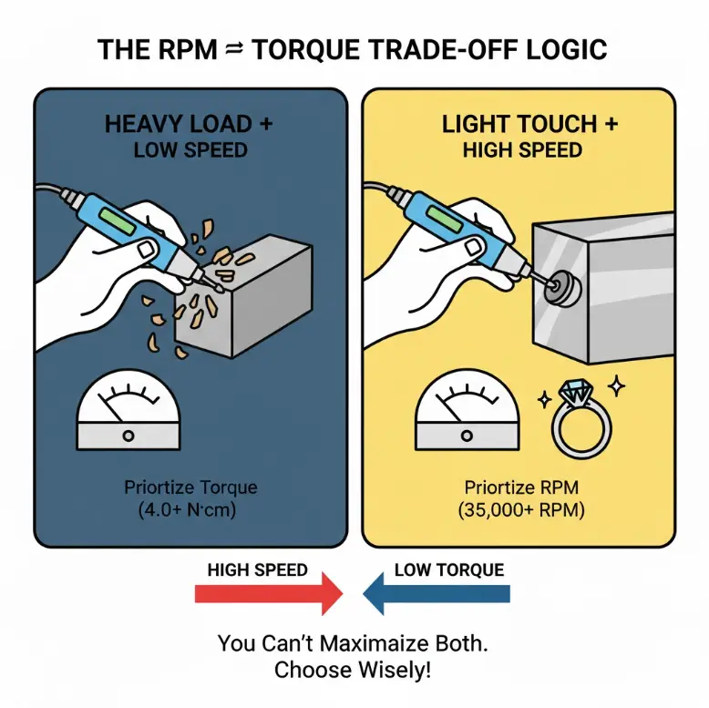 Technical chart showing the trade-off between high torque for heavy loads and high speed for a light touch.