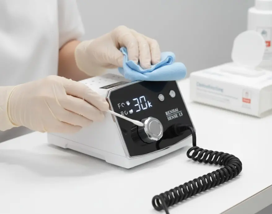 Cleaning the electric nail file control box and speed knob using a microfiber cloth and cotton swab for hygiene.