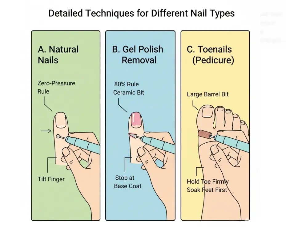 Illustrations showing nail drill techniques for natural nails, gel polish removal, and toenail pedicures.