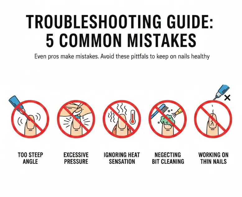 Troubleshooting guide for nail drills: 5 common mistakes including excessive pressure and steep angles.