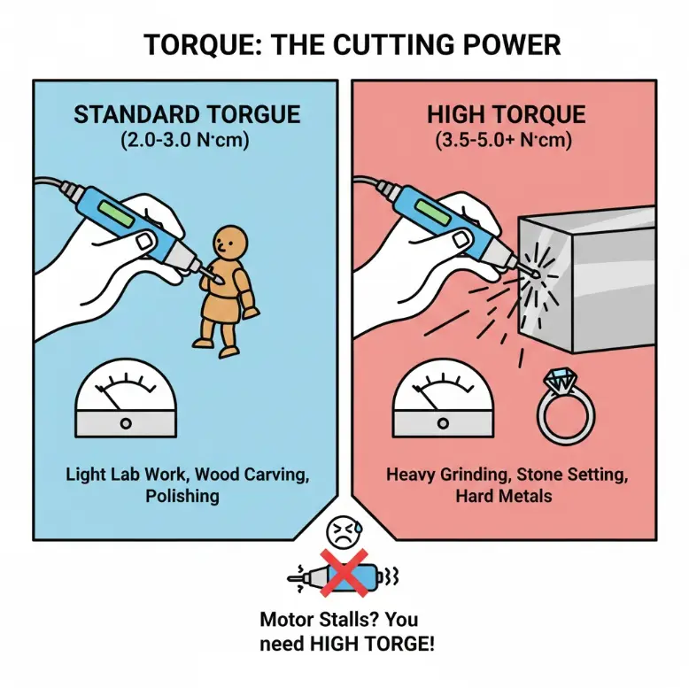Comparison of standard vs high torque micromotor handpieces for wood carving and heavy metal grinding.