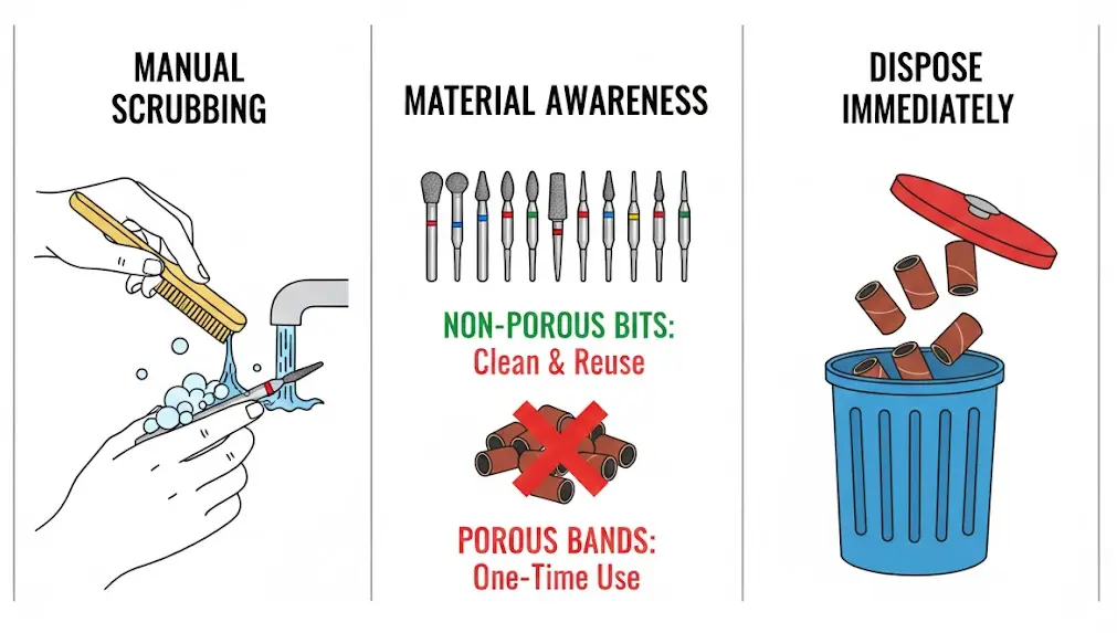 Guide on cleaning non-porous nail drill bits and disposing of single-use porous sanding bands after manual scrubbing.