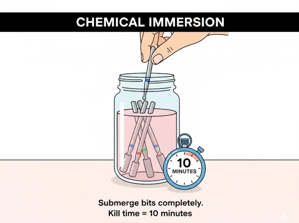 Professional disinfection process: submerging metal nail drill bits in chemical solution for a 10-minute kill time.