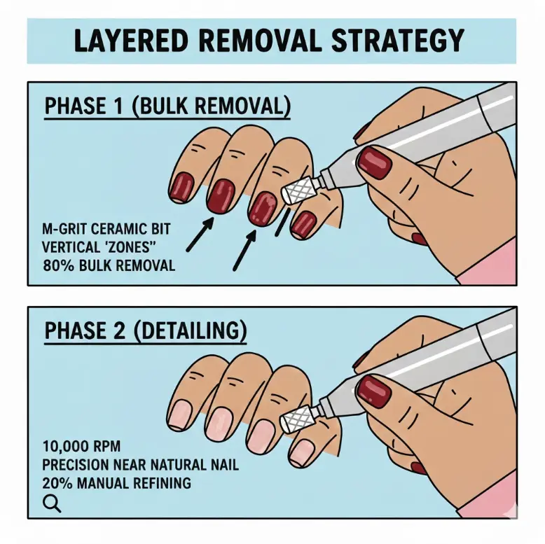 Two-phase gel removal strategy: bulk removal with ceramic bit followed by precision detailing near the natural nail.