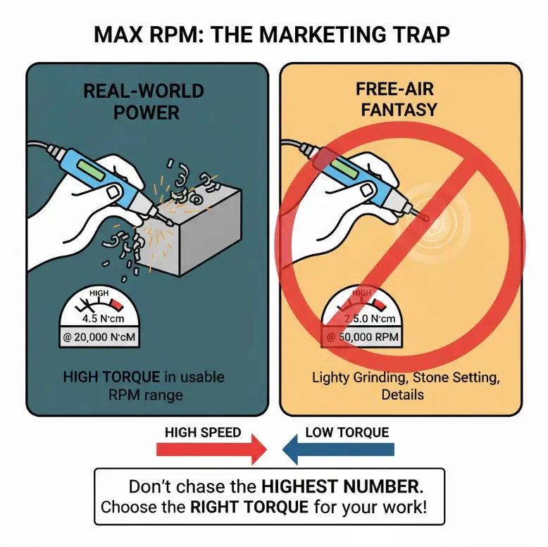 Infographic explaining high torque in usable RPM ranges versus marketing-focused maximum RPM numbers.