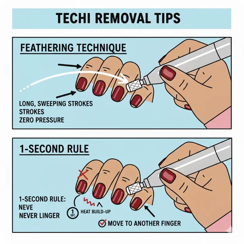 Professional nail drill tips: feathering technique with long strokes and the 1-second rule to prevent heat build-up.